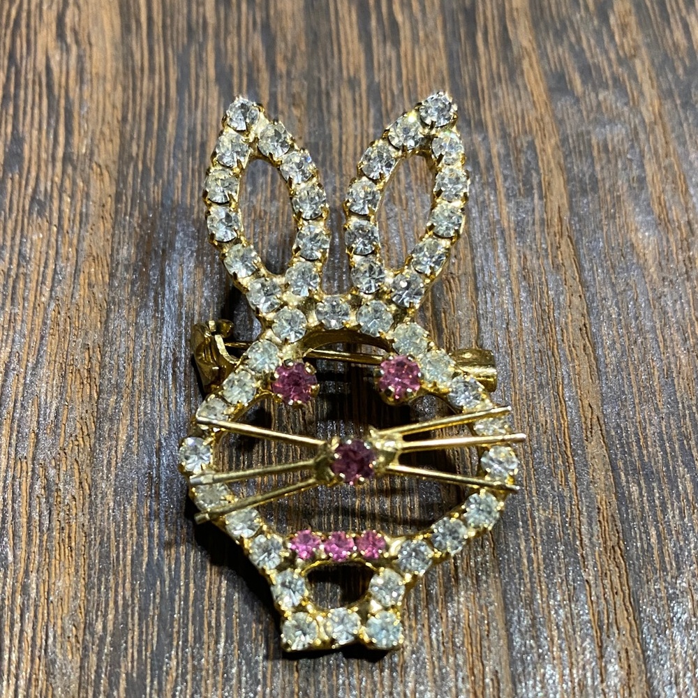 Gold, Rhinestone and Pink Crystal Rabbit Brooch - Picture 6 of 6